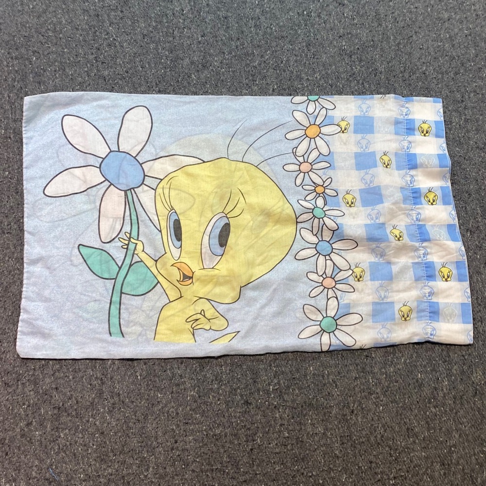 Warner Bros Tweety Bird Pillowcase Blue Gingham Daisy Vintage 1998 Looney Tunes